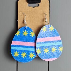 Easter Egg Stripe Earrings Faux Leather Blue Pink Yellow Hook Dangle 2.89"